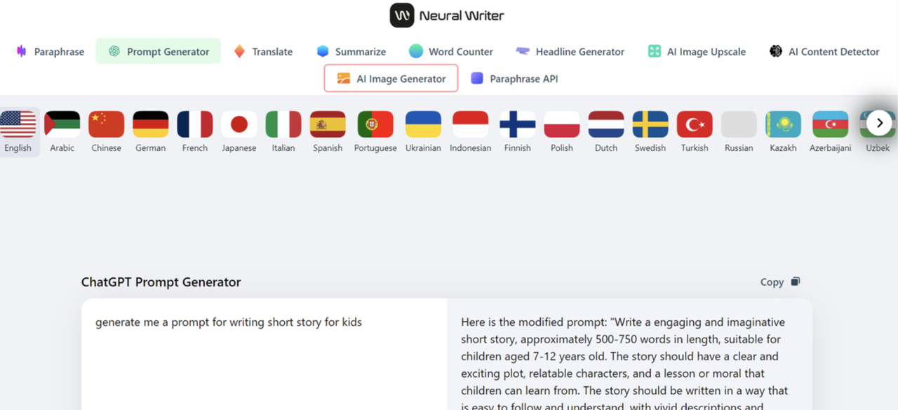 Interface of NeuralWriter - a robust AI generator for writing prompt