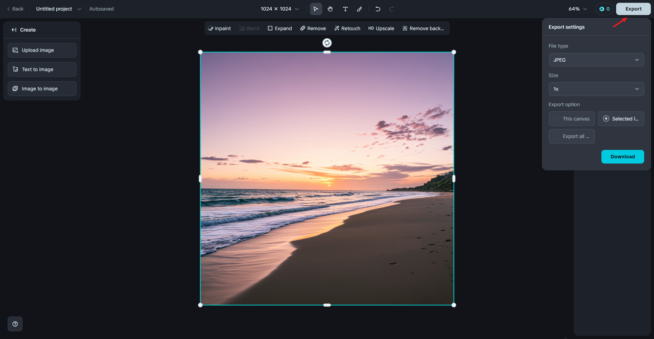 Export your edited image on canvas