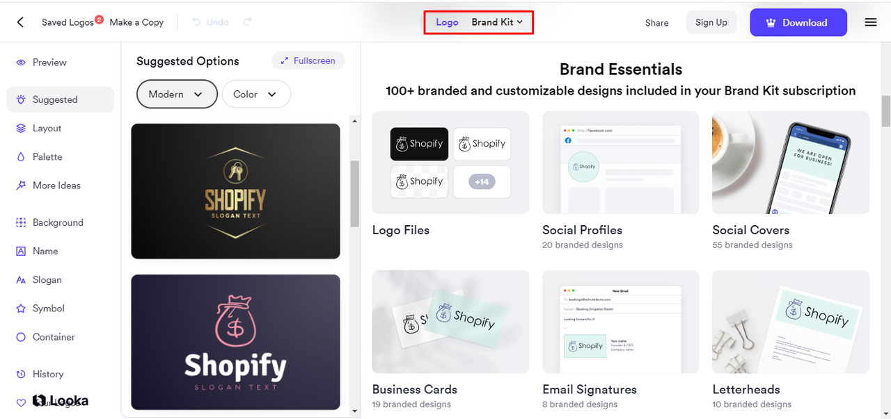 Interface of Looka - free business logo maker