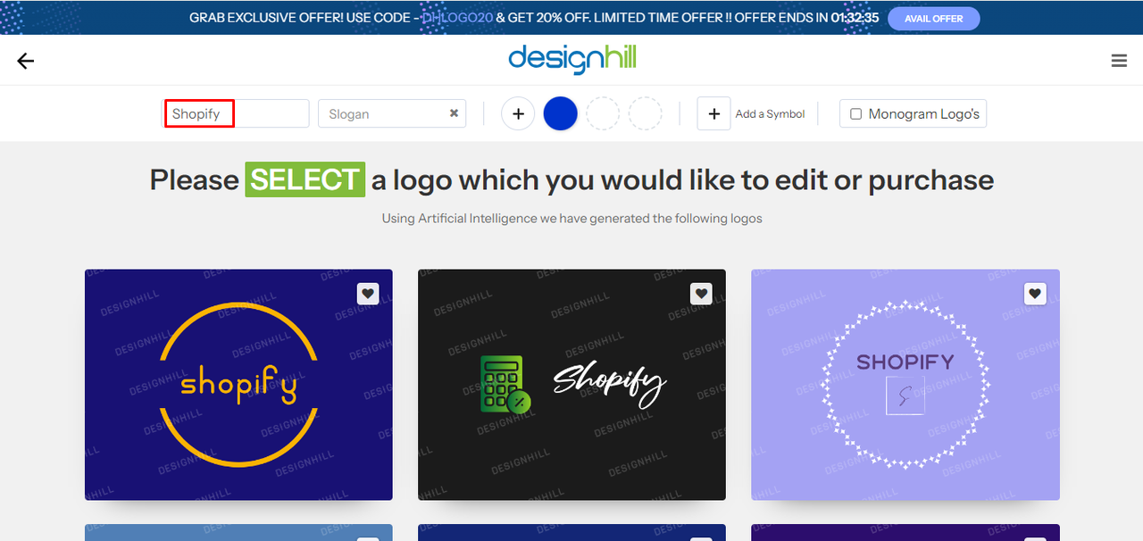 Interface of Designhill- a professional tool to create business logos for free