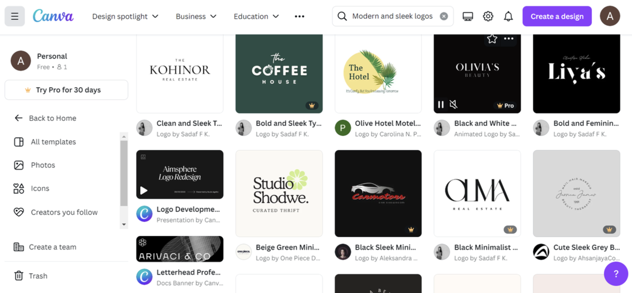 Modern and sleek logo templates on Canva