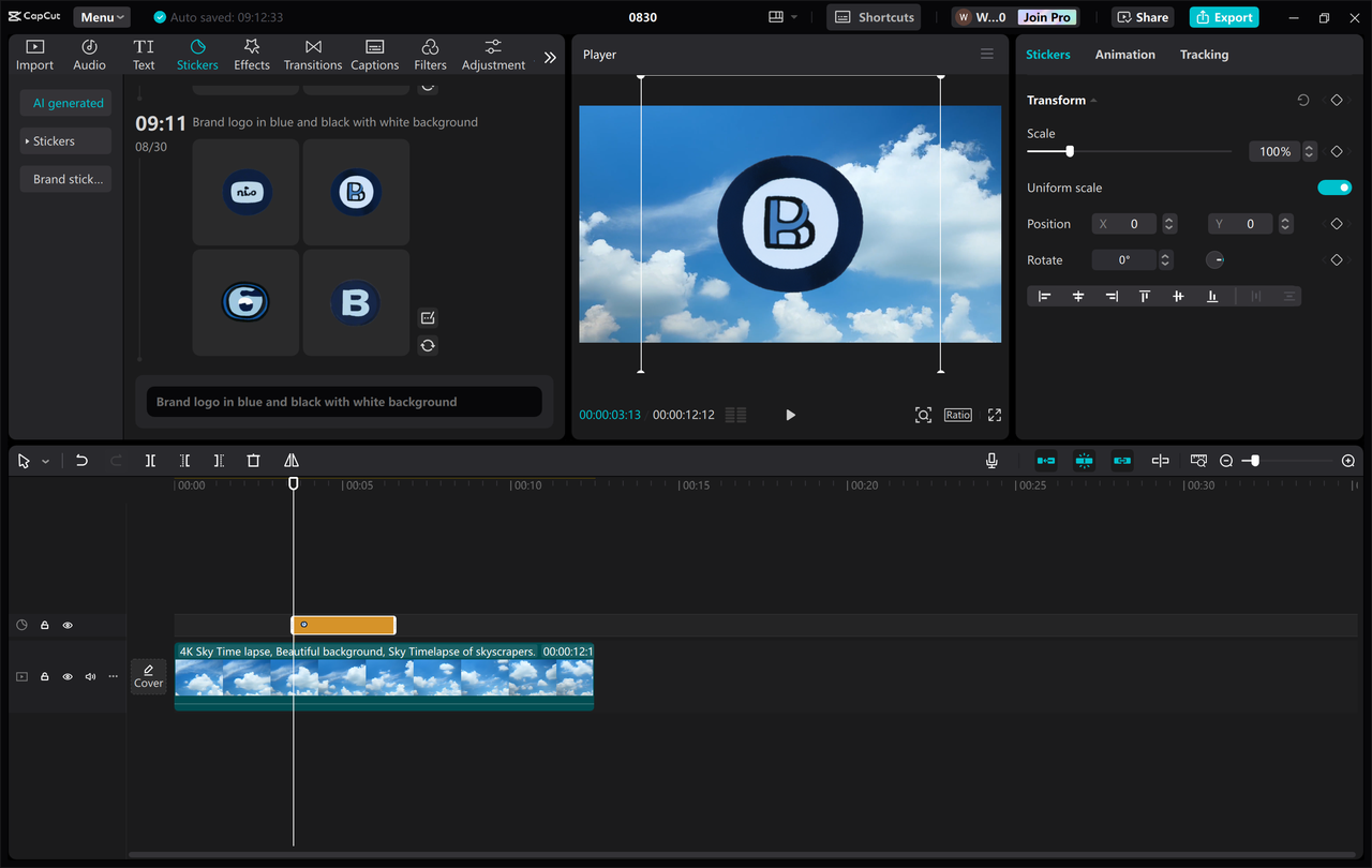 Editing interface of the CapCut desktop video editor - an excellent tool for creating professional logos