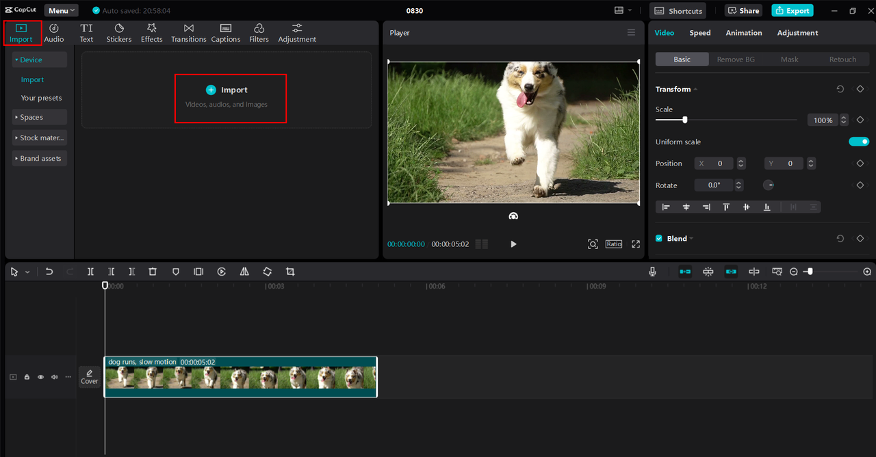 Importing the video into the CapCut desktop video editor