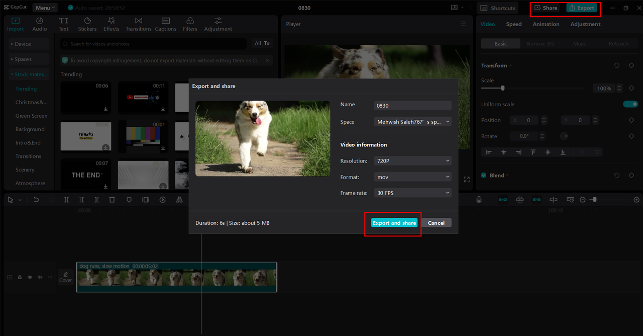 Exporting or sharing the flipped video from the CapCut desktop video editor