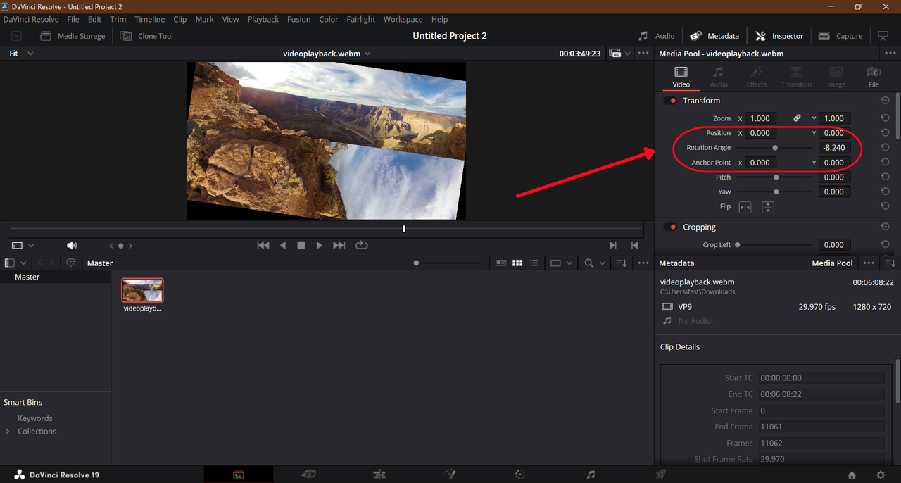 screenshot of DaVinci Resolve interface showing how to rotate video using the Inspector Panel