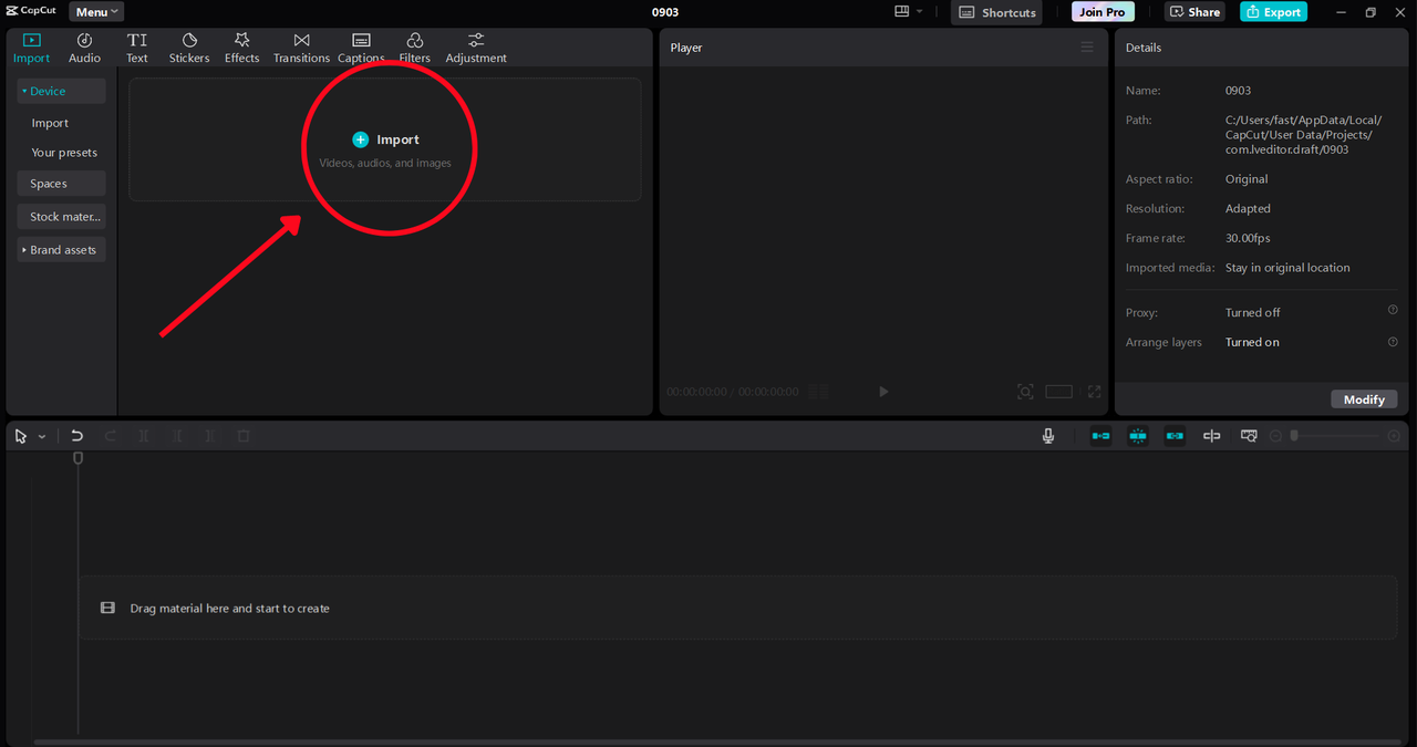 Importing a video in the CapCut desktop video editor