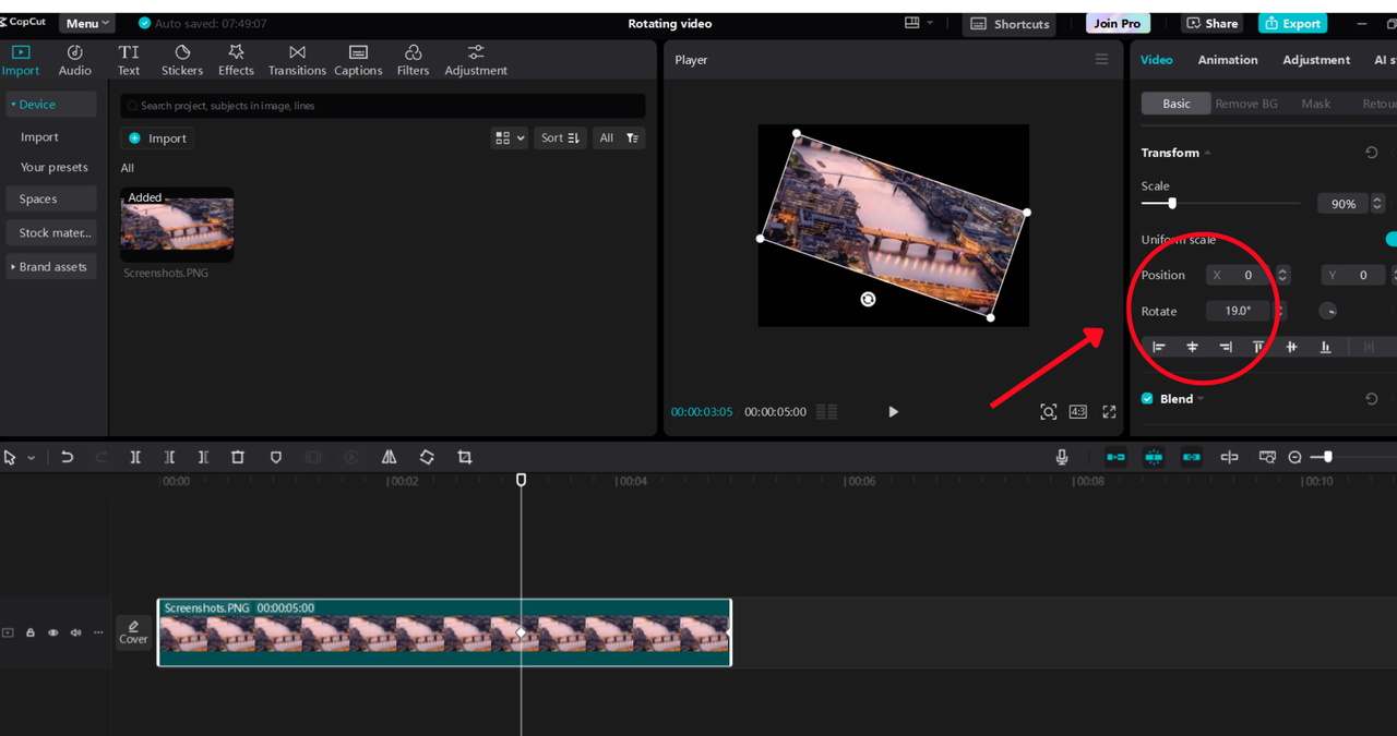 Rotate an mp4 video by angle in the CapCut desktop video editor