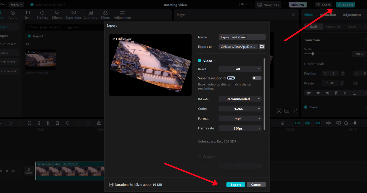 Exporting a video in the CapCut desktop video editor