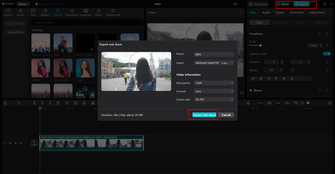 Exporting or sharing the flipped video from the CapCut desktop video editor