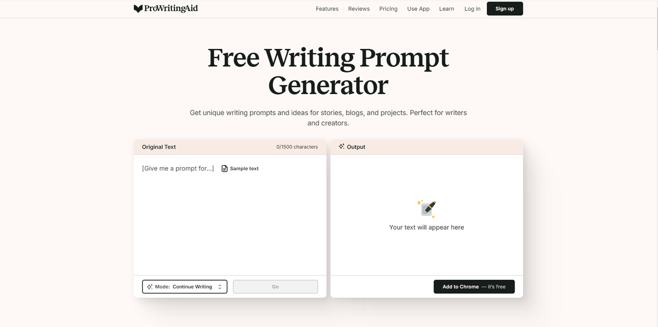 Interface of ProWritingaAid - a free online tool to produce sci-fi writing prompts