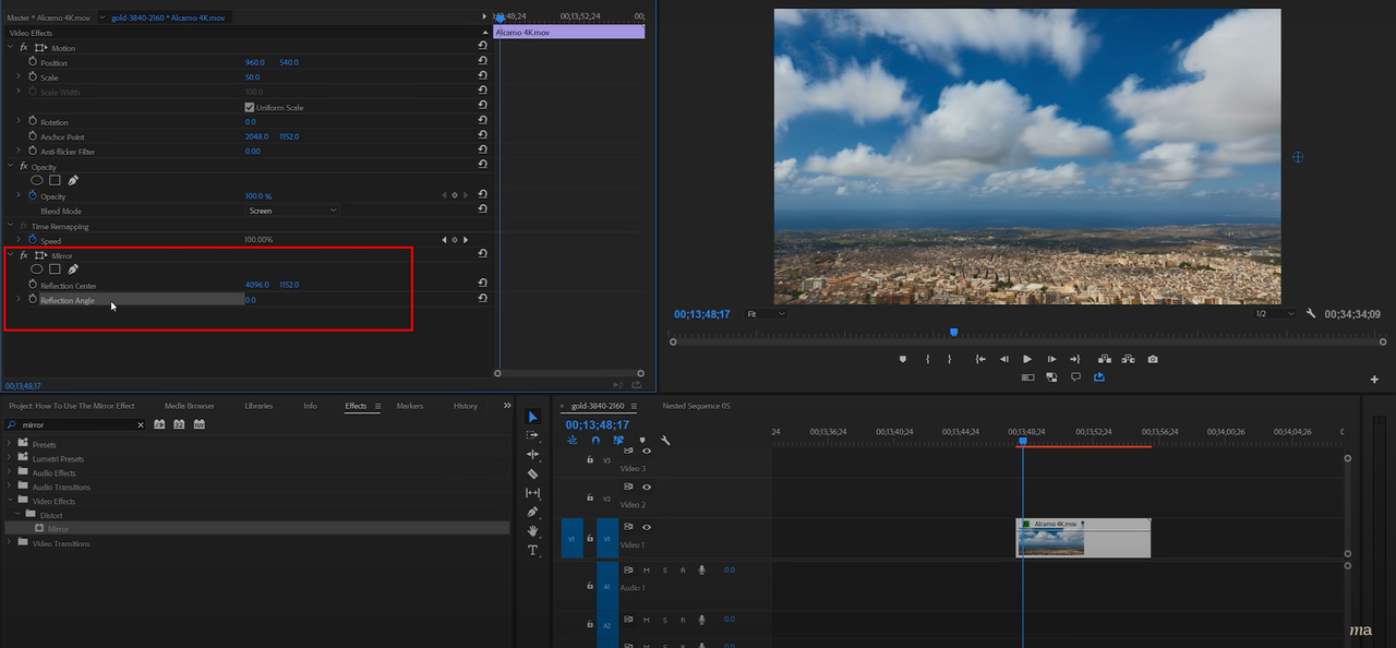 Adjusting the reflection center or reflection angle in Premiere Pro for mirror effect