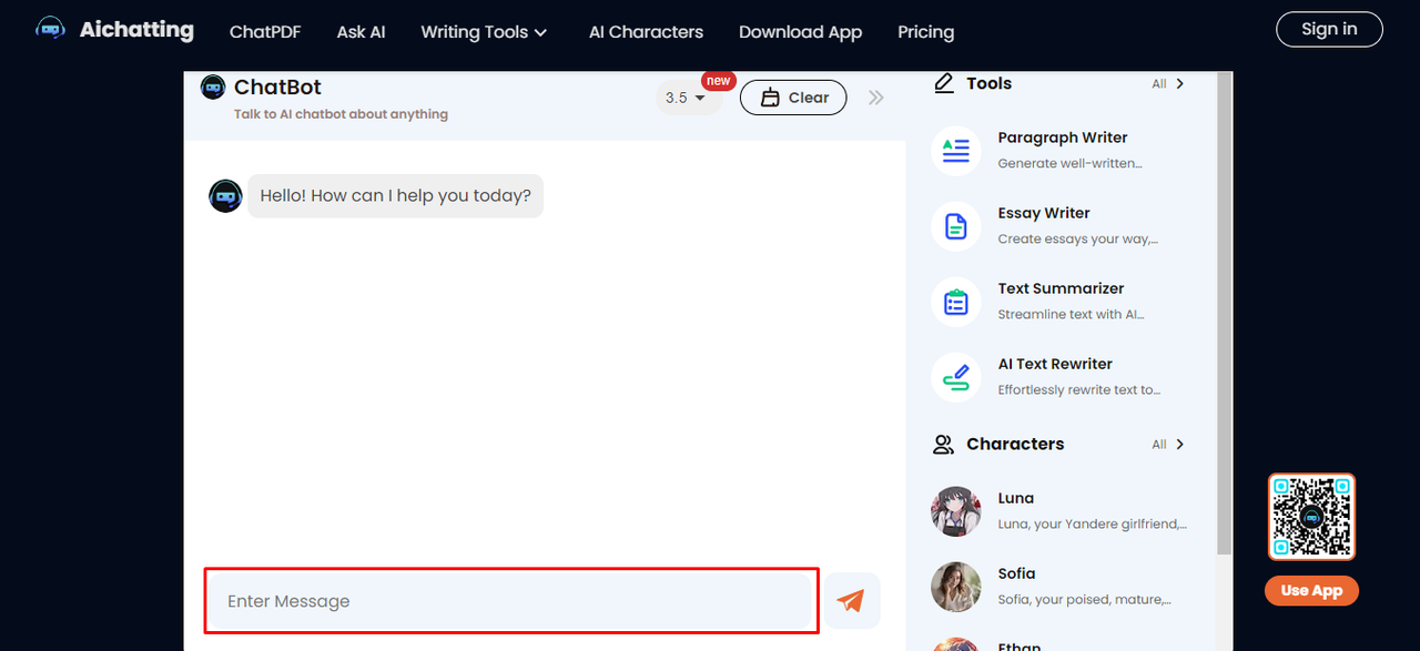 Interface of AI Chatting - a comprehensive free AI content writer available online