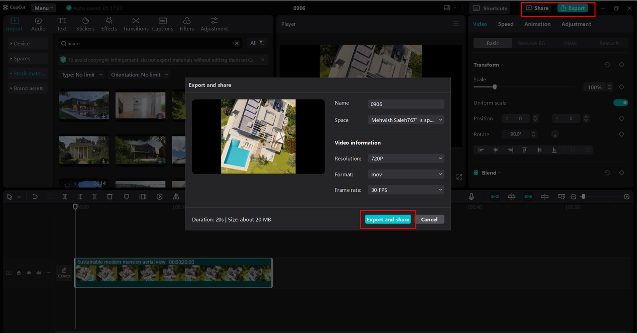 Exporting or sharing the rotated video from CapCut 