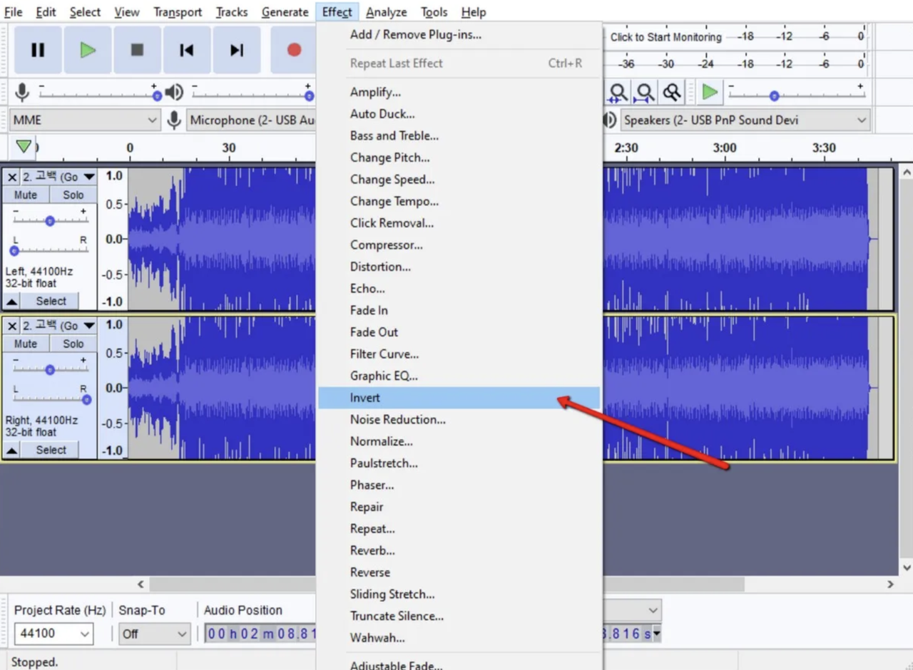 Audacity Editor Interface showing invert the bottom track