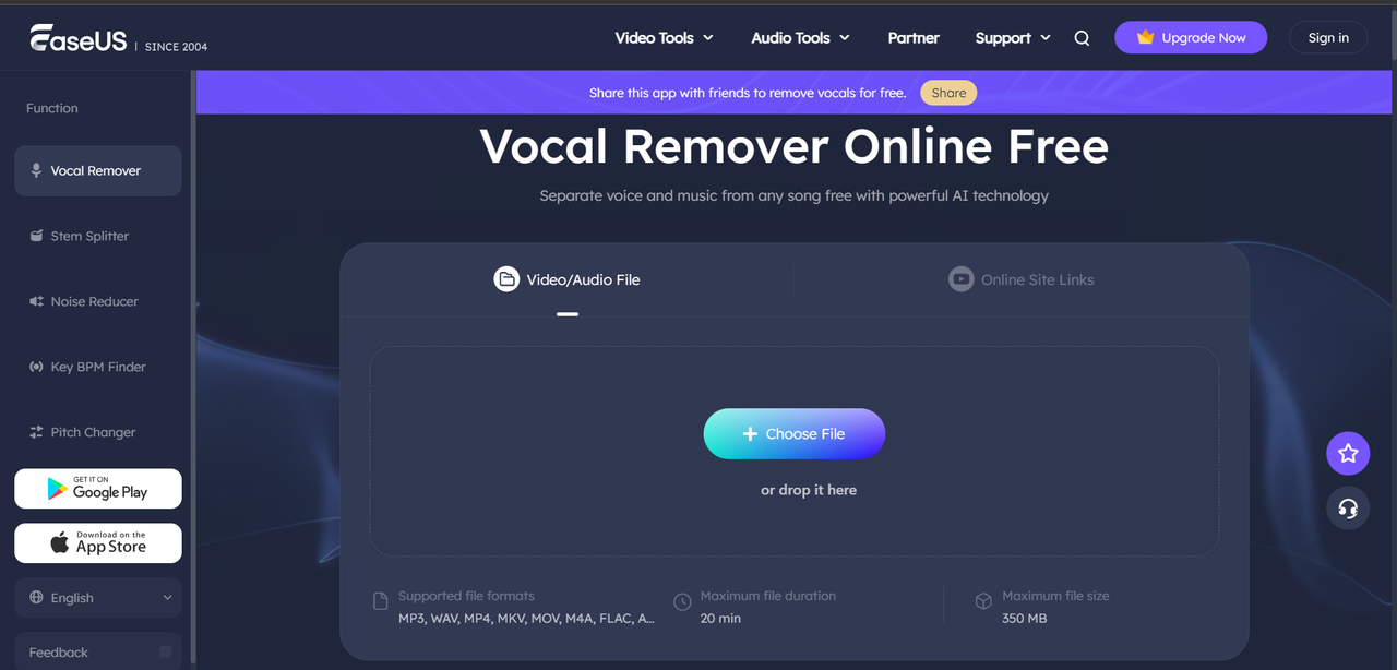 EaseUS Online Vocal Remover Interface showing upload button and processing options