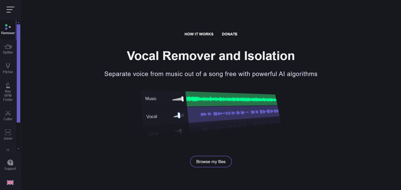 Vocal Remover and Isolation Interface with options to upload files and remove vocals