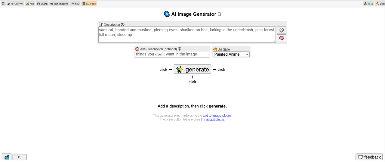  Interface of Perchance - free AI art maker