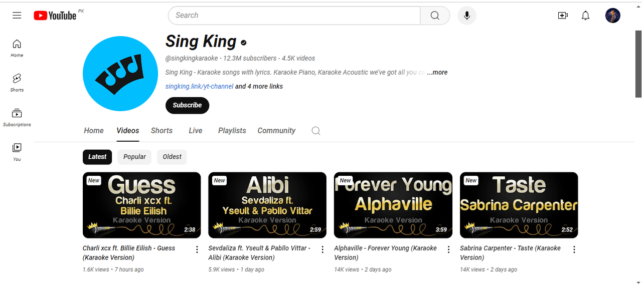  Interface of Sing King YouTube channel - the excellent source to get free karaoke music with lyrics