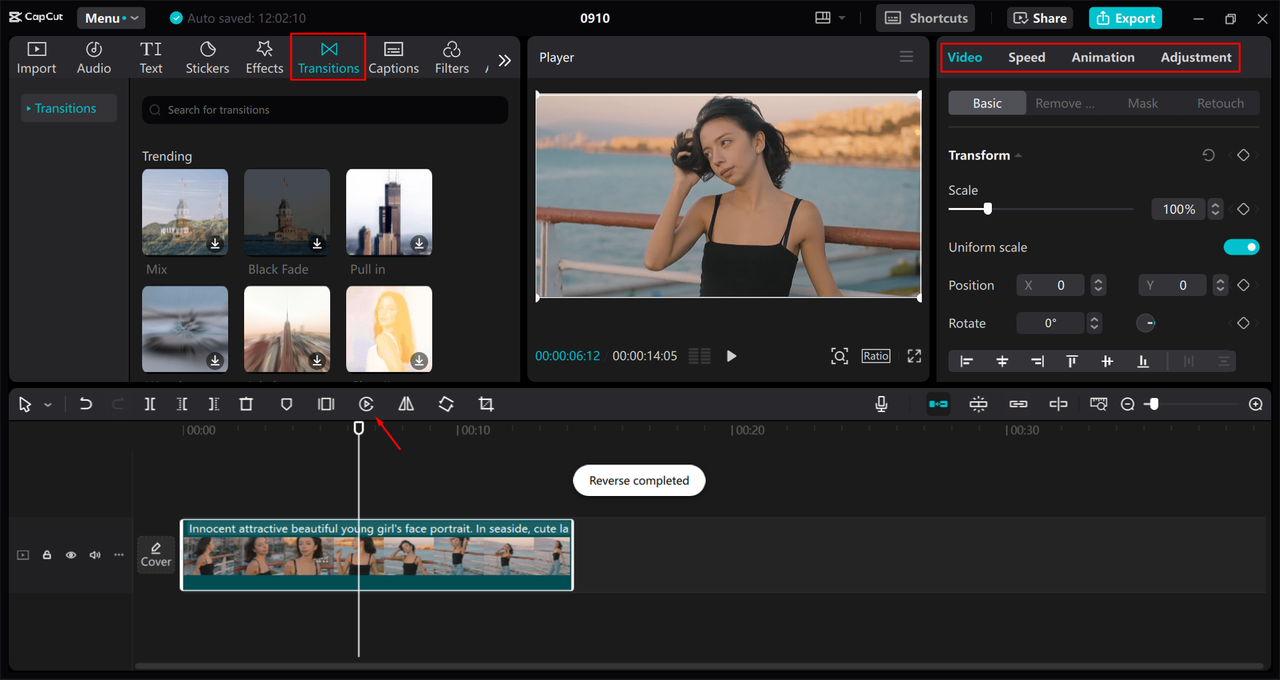 Reversing a video song in the CapCut desktop video editor