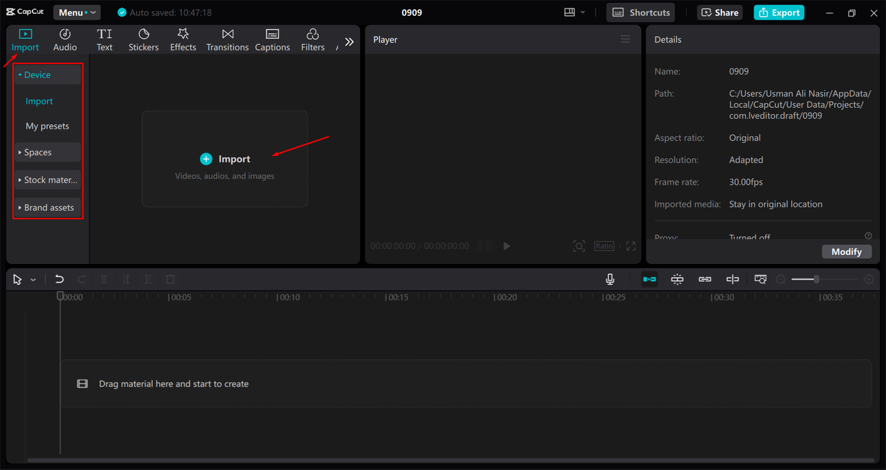 Adding media to the workspace in CapCut desktop video editor