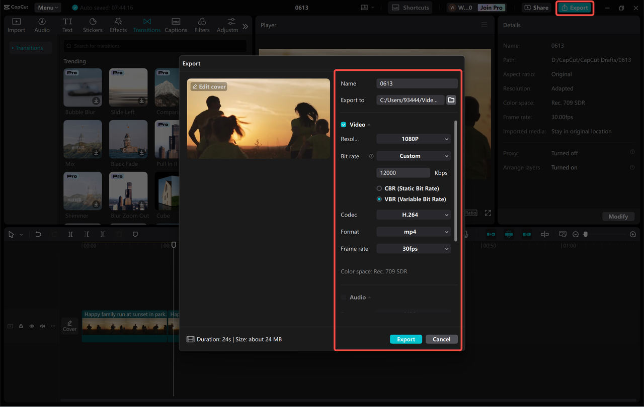 Exporting a reversed video from the CapCut desktop video editor