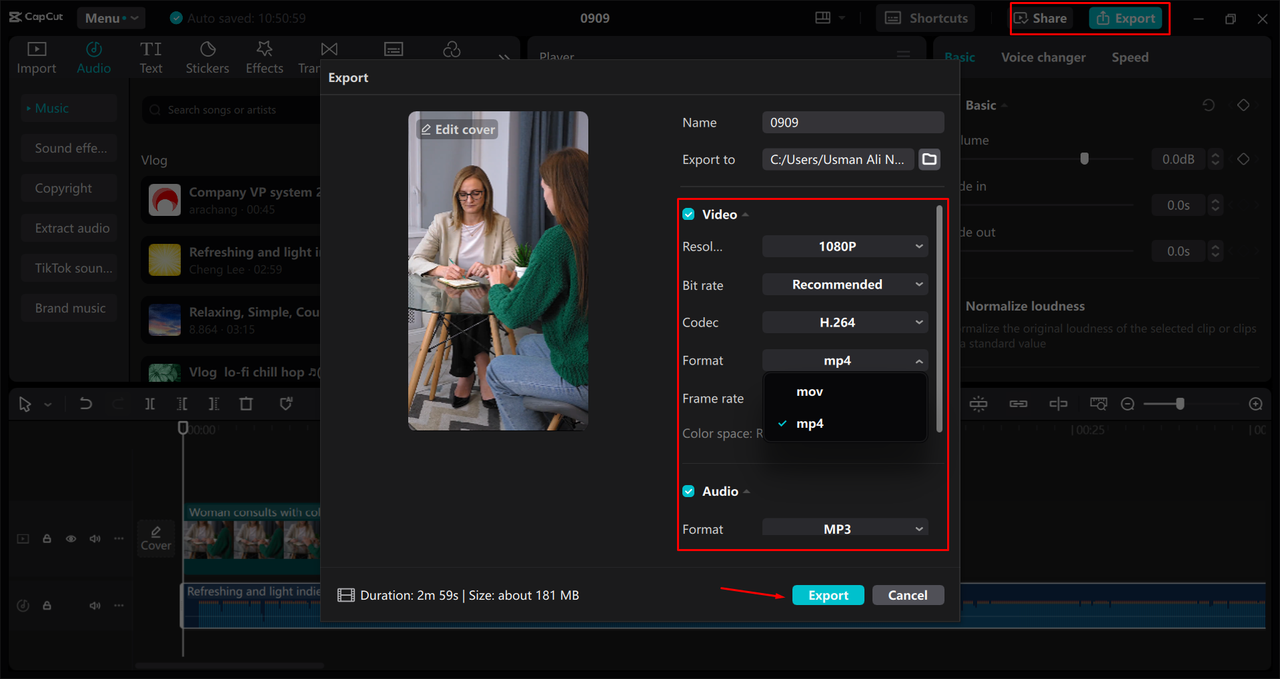 Exporting a video from the CaCut desktop video editor