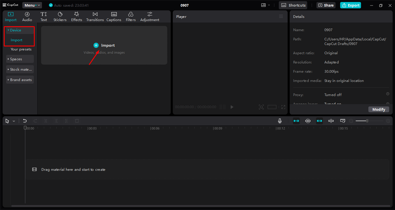 Uploading video for creating cutaway shots in the Capcut desktop video editor