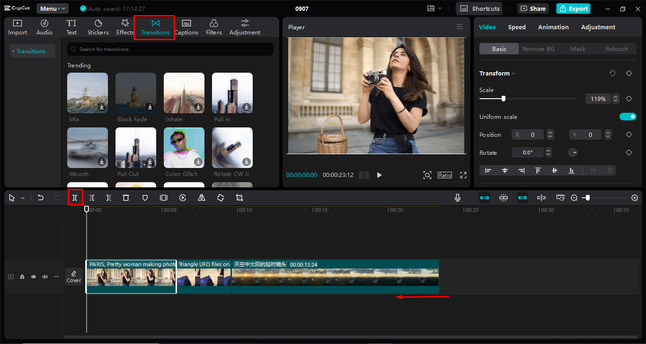 Splitting video and applying transitions for continuity in the CapCut desktop video editor