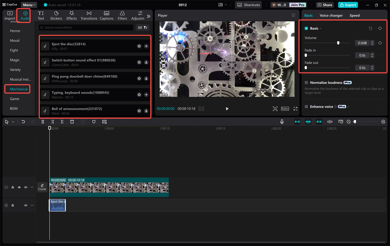 CapCut desktop editor with a mechanical sound effect being added to the timeline for video editing