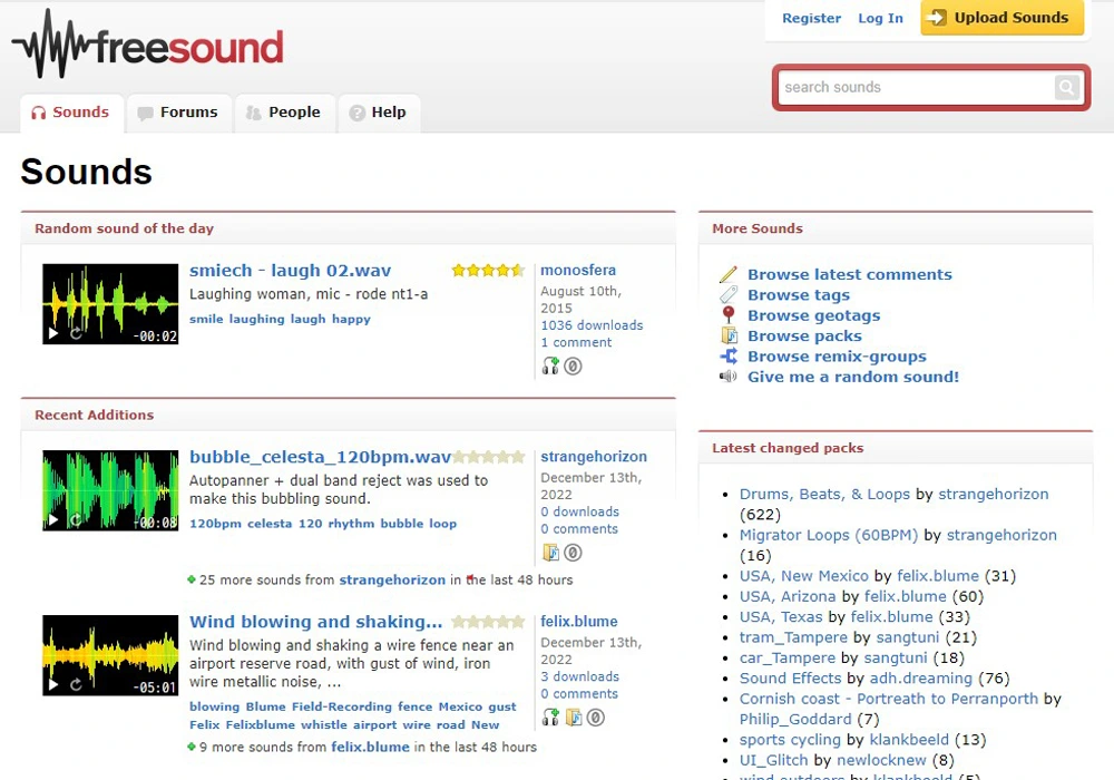 FreeSound website showing a variety of mechanical sound effects free for download