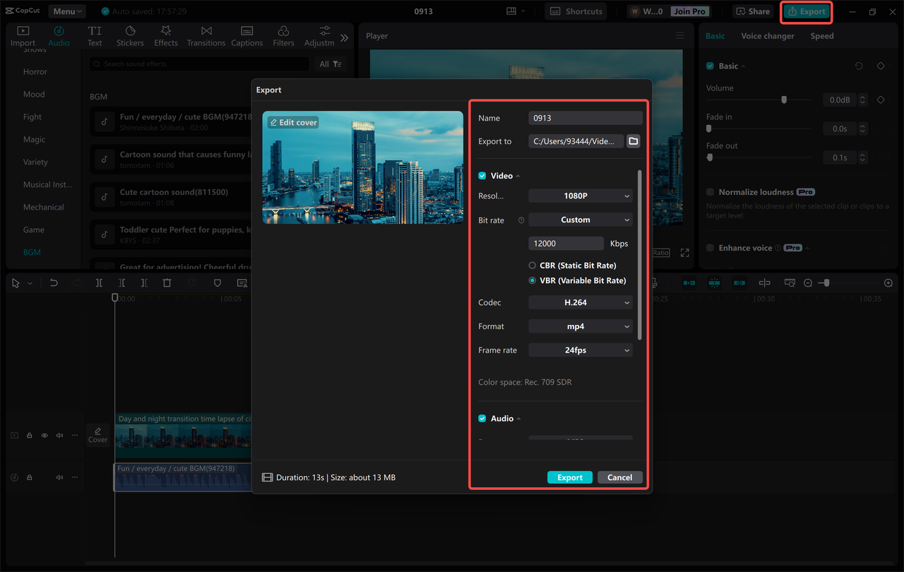 Exporting video in the desired format using the CapCut desktop editor