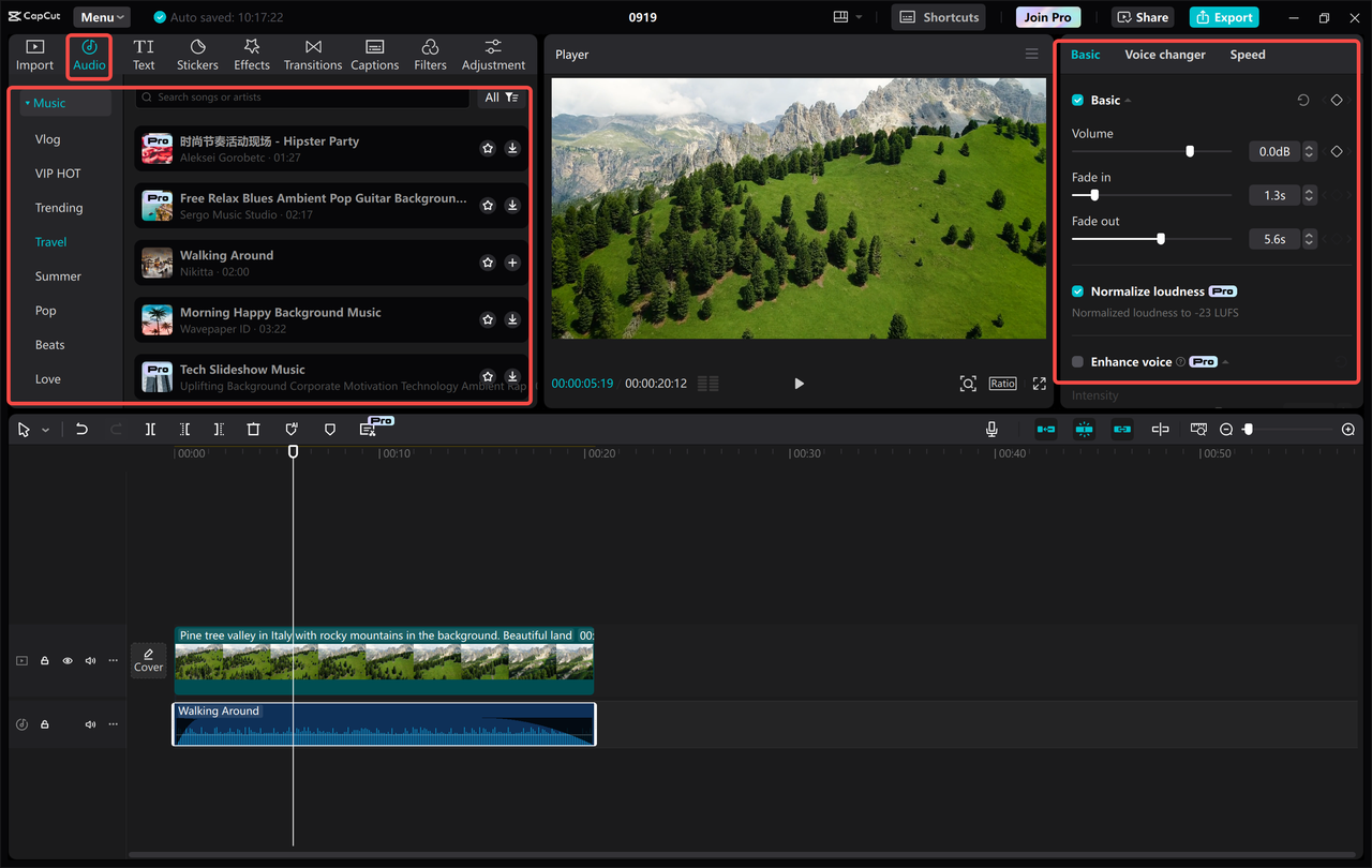 Adding background music to the CapCut desktop video editor from the PC