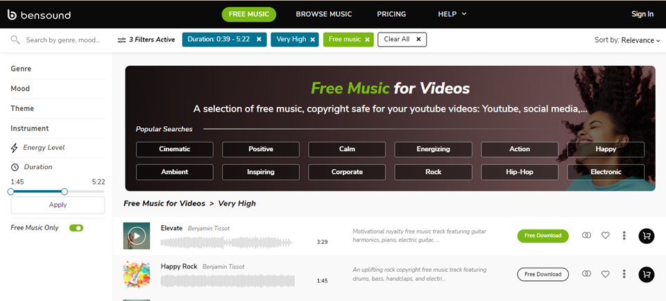 Bensound website homepage showcasing royalty-free background music for YouTube videos