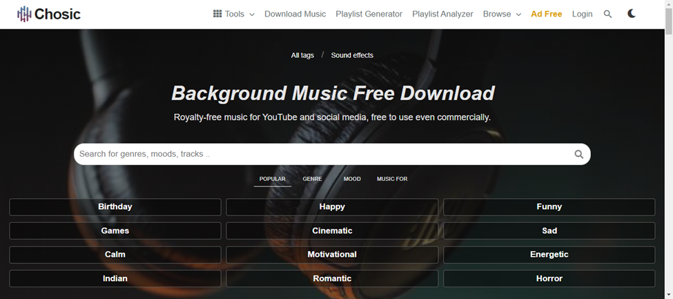 Chosic music platform search filters for finding free background music for YouTube