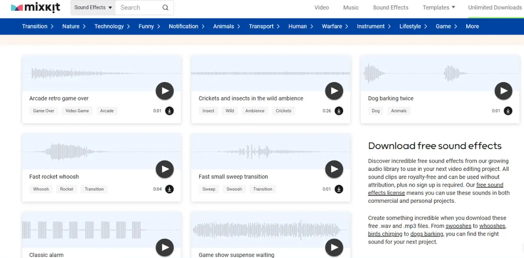 Interface of MixKit displaying royalty-free video game SFX with download option