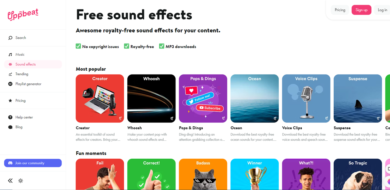 Interface of Uppbeat Showing free game sound effects