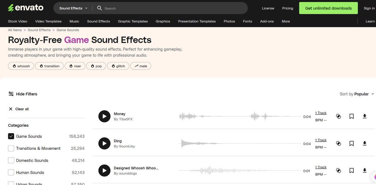 Interface of Envato showing Royalty free game sound effects to play and download