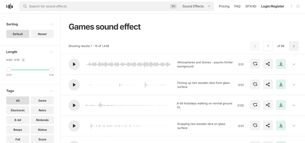 Interface of Soundsnap showing royalty-free game sound effects