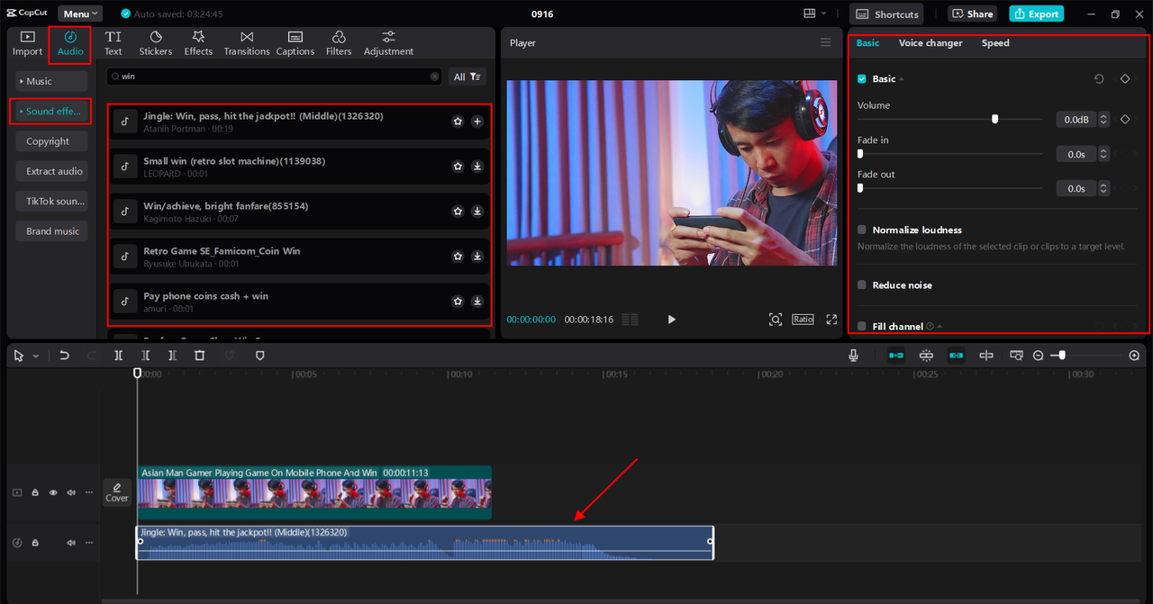 Applying the win sound effects on video with CapCut desktop video editor