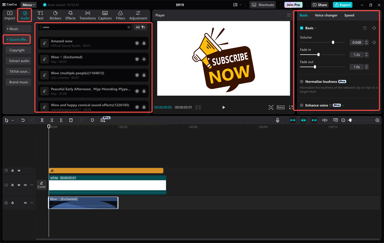 Interface of CapCut to add wow sound effects to an audio project