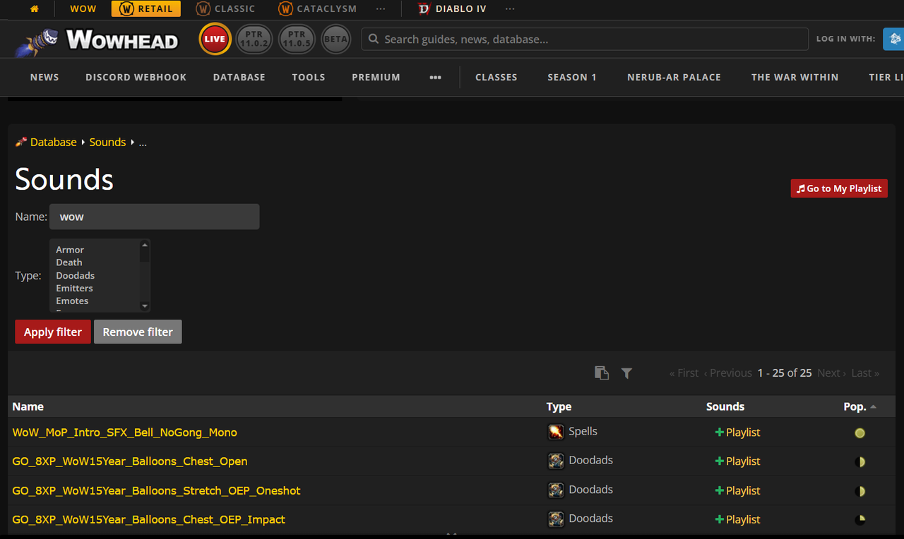 Wowhead interface displaying wow wow wow sound effects