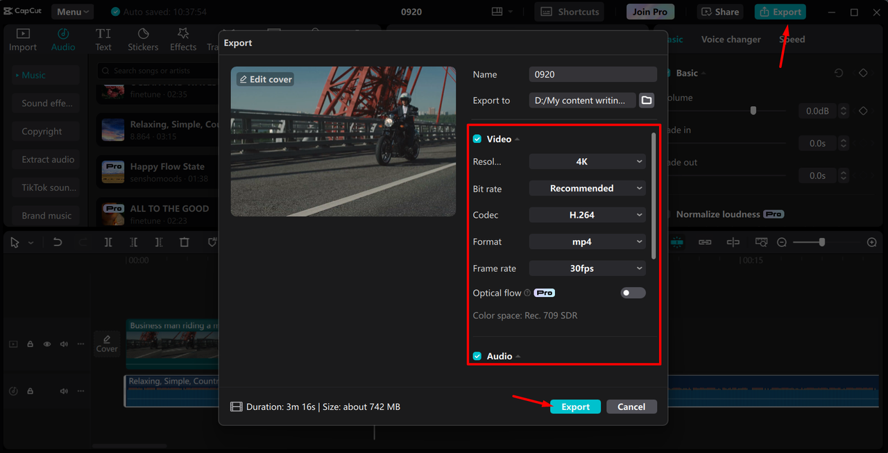 Exporting the video in the CapCut desktop video editor