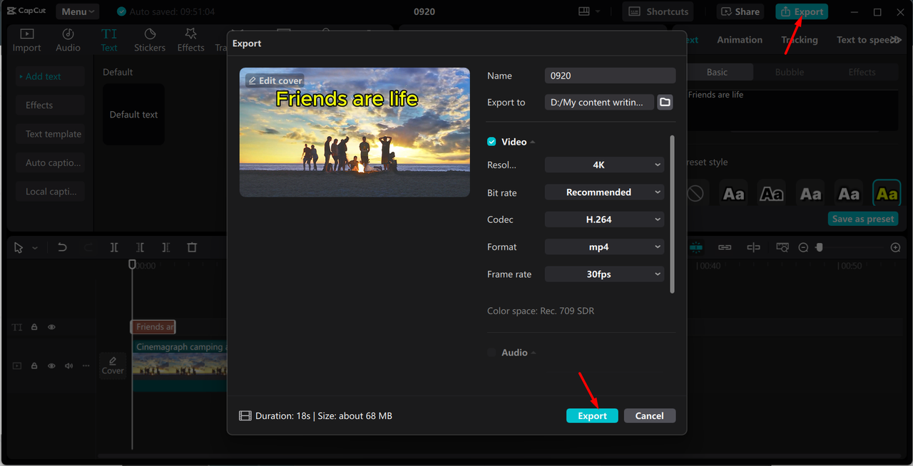 Exporting the video from the CapCut desktop video editor