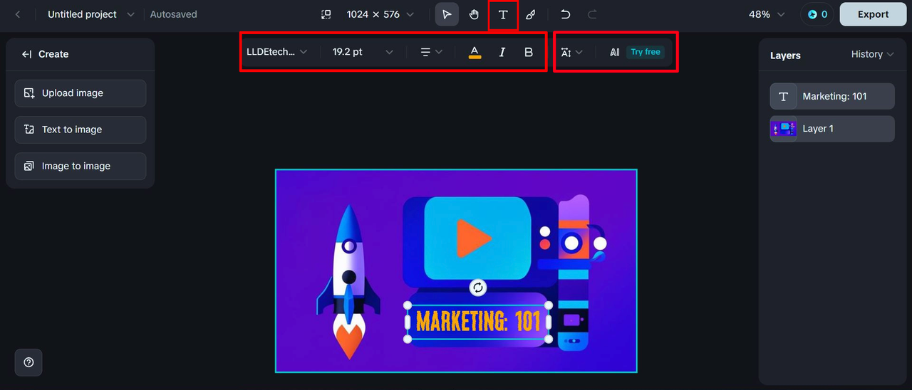 The "Add text" icon and customization options