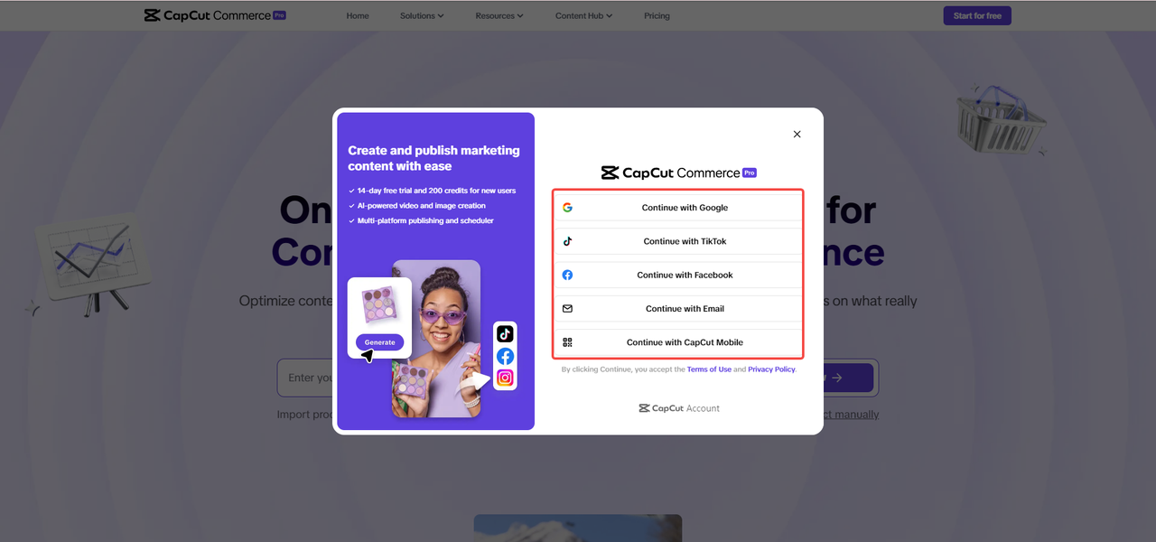 CapCut Commerce Pro sign up page