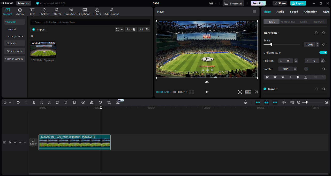 Interface of CapCut desktop video editor to create extended soccer highlights videos