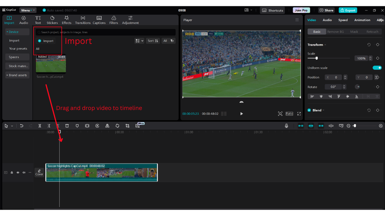 Import soccer video into CapCut desktop for editing football highlights full match