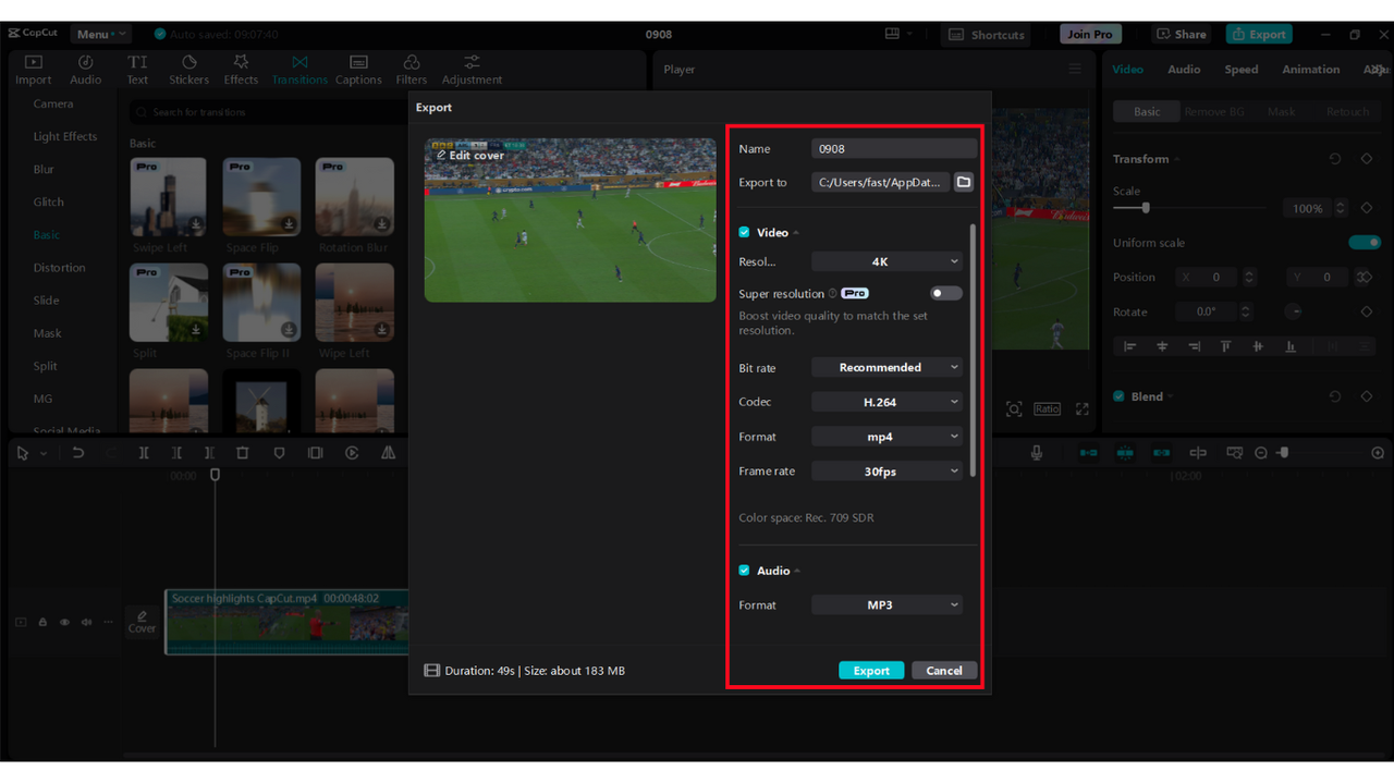 CapCut interface showing export highlights soccer today's video in high definition