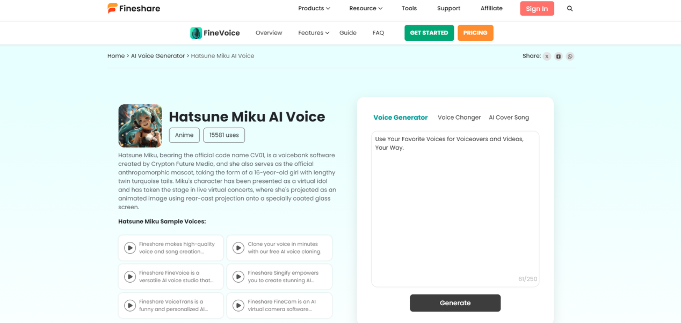 Interface of Fineshare - an online Miku voice maker