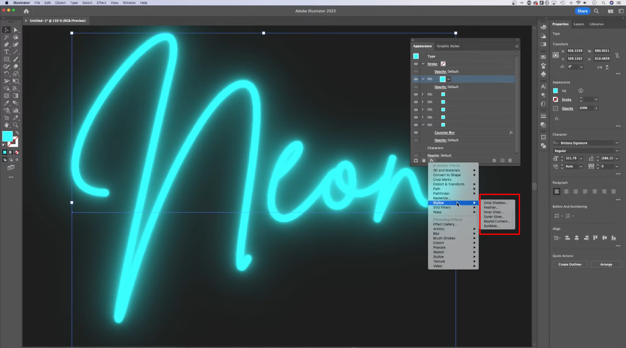 Applying glow to neon illustrator effect 